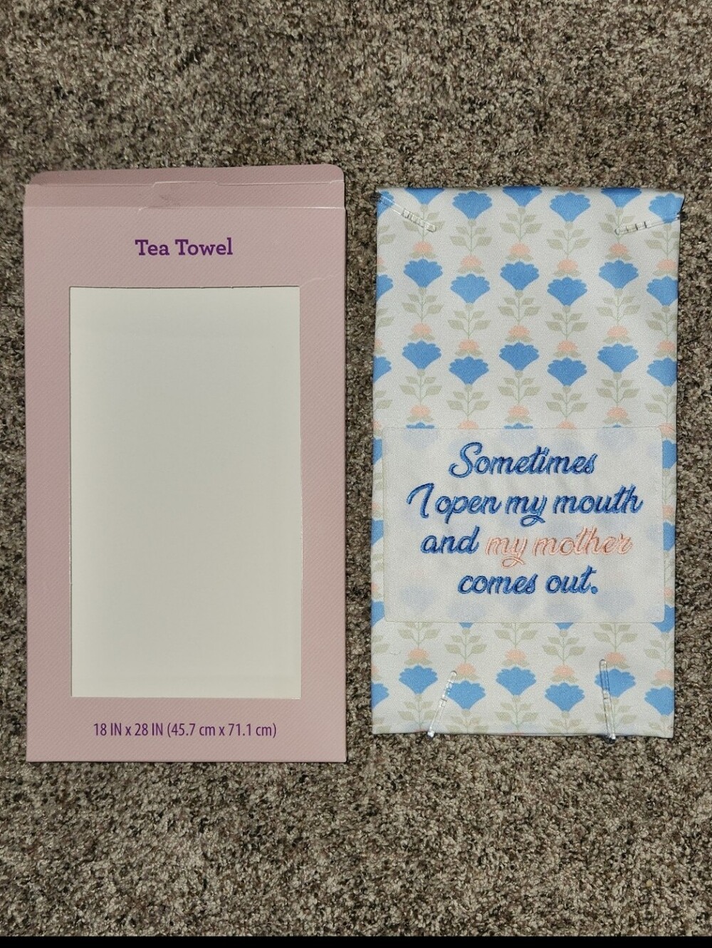 Embroidered Floral Tea Towel "I OPEN MY MOUTH AND MY MOTHER COMES OUT" NIB